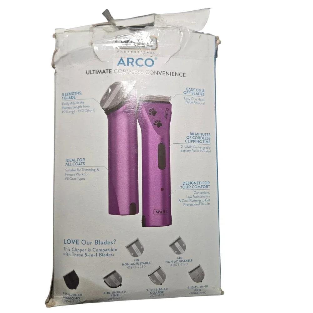 Wahl Animal Arco Pet Dog Cat Hair Clipper 2 Batteries Charger Combs 8786-1001